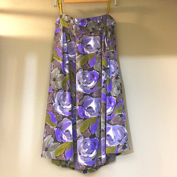 Vintage 80s Union Made Purple Rose Button Waist Pleated Midi Skirt - Picture 2 of 14